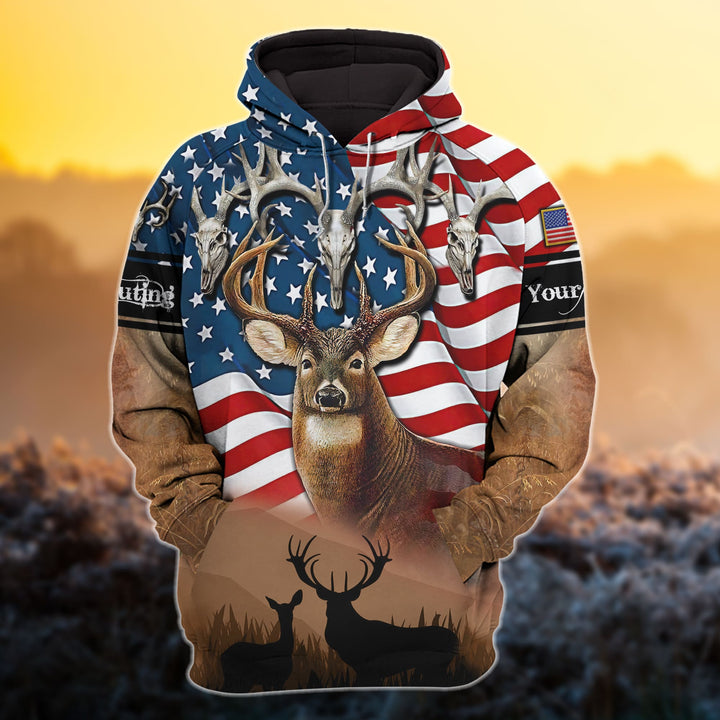 Custom Name US Flag Deer Hunting 3D All Over Printed Clothes