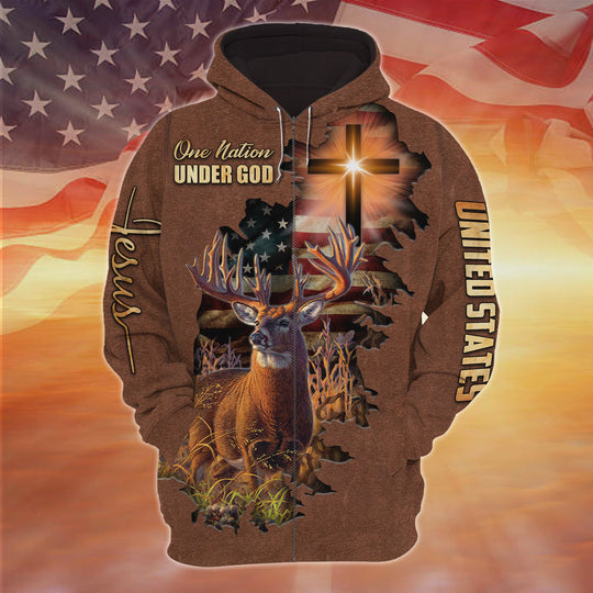 Premium One Nation Under God Deer Hunting Zipper Hoodies 3D1 HM