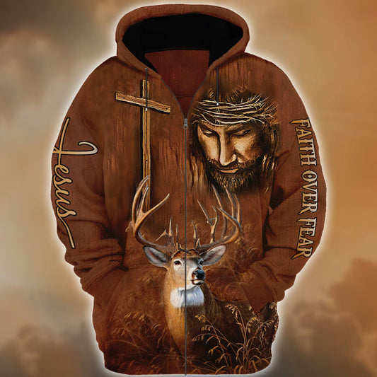 Premium Unique Faith Over Fear Deer Hunting Zipper Hoodies 3D1 HM