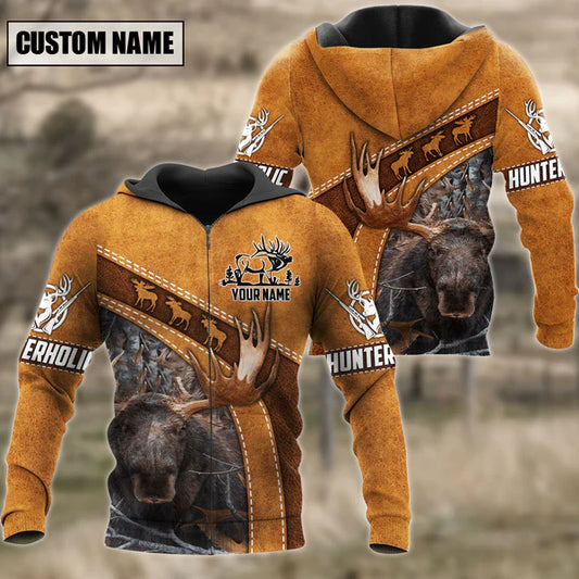 Customized Name Moose Hunting Leather Pattern 3D Shirt