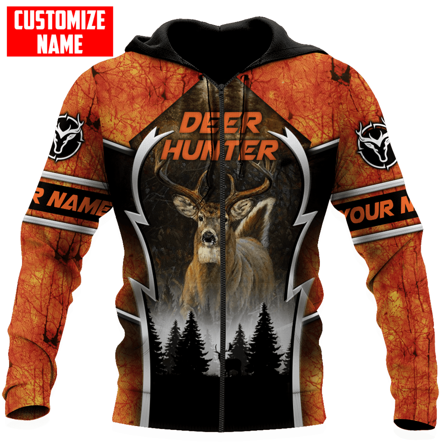 Deer Hunting Orange Personalized Name 3D Over Printed Hoodie