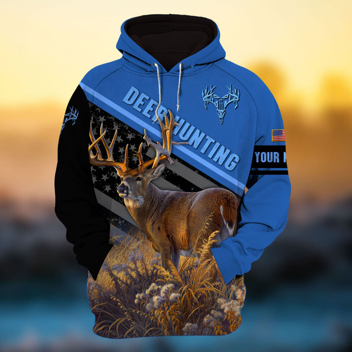 Max Corner Blue Deer Hunting US Flag Pattern Personalized 3D Hoodie For Hunting Lover