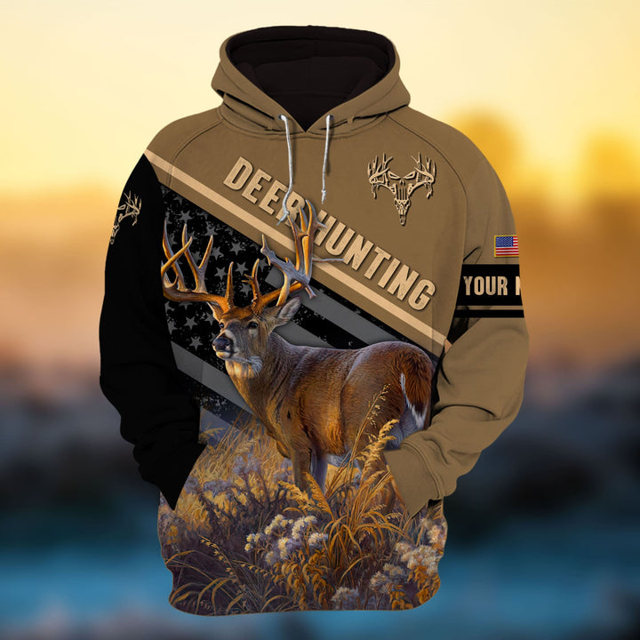 Max Corner Brown Deer Hunting US Flag Pattern Personalized 3D Hoodie For Hunting Lover