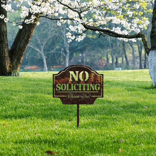 No Soliciting Yard Sign Metal Rusty, Notice Warning Garden Stake, Metal Yard Art, Outdoor Decor, Property Protected, Metal Garden Sign