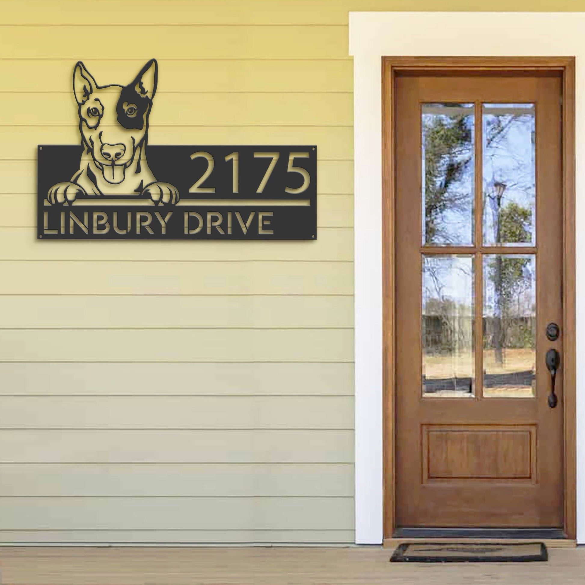 Personalized English Bullterrier dog, Puppy Metal Address Sign House number Hanging Address Plaque Yard Sign Outdoor decor Garden Stake