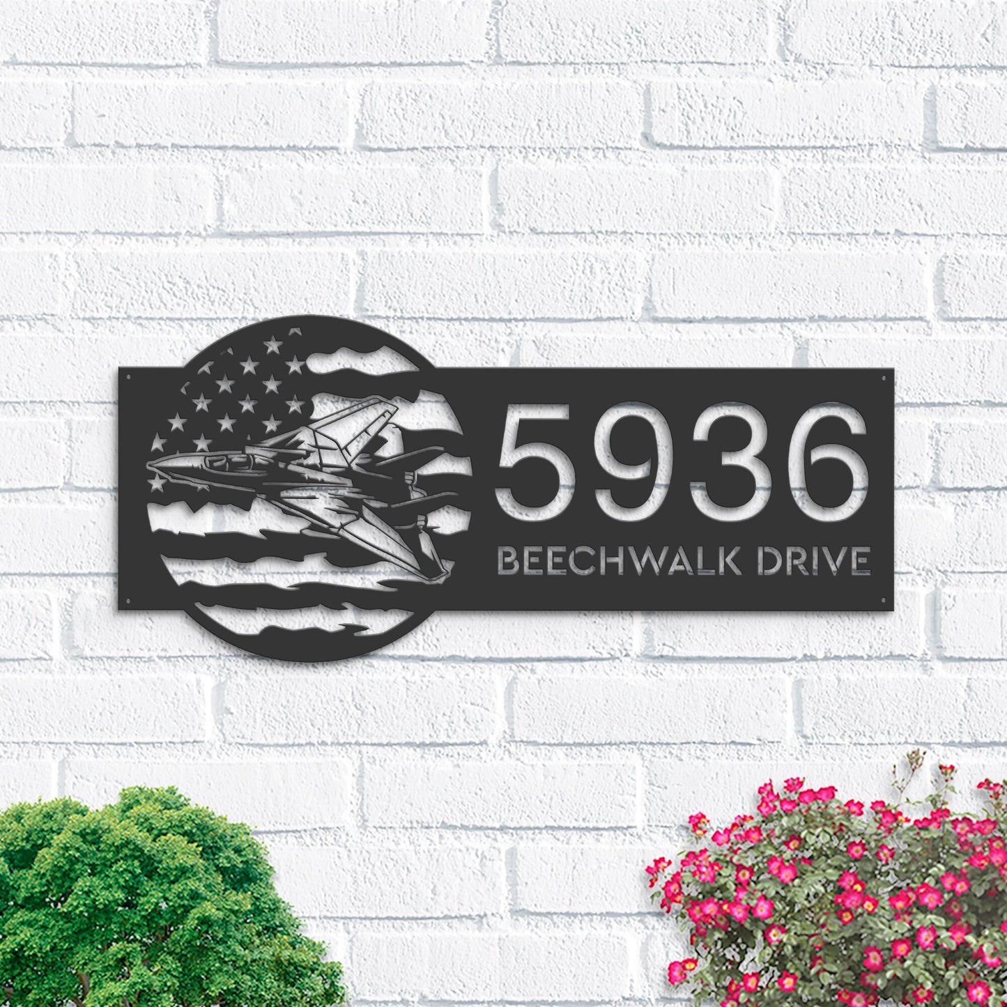 Personalized Fighter Jet airplane US flag Metal Address Sign House number Hanging Address Plaque Yard Sign Outdoor Garden Stake