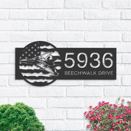 Personalized Fighter Jet airplane US flag Metal Address Sign House number Hanging Address Plaque Yard Sign Outdoor Garden Stake