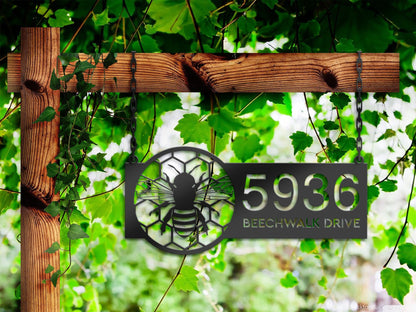 Personalized Bee honeycomb Metal Address Sign House Number, Hanging Address Plaque | Yard Sign, Outdoor Sign Garden Stake