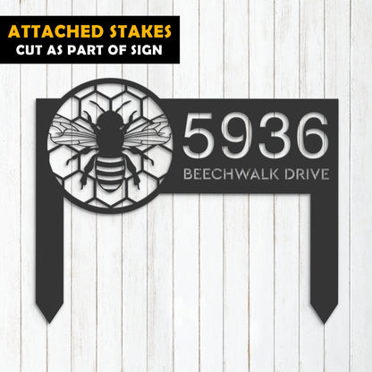 Personalized Bee honeycomb Metal Address Sign House Number, Hanging Address Plaque | Yard Sign, Outdoor Sign Garden Stake