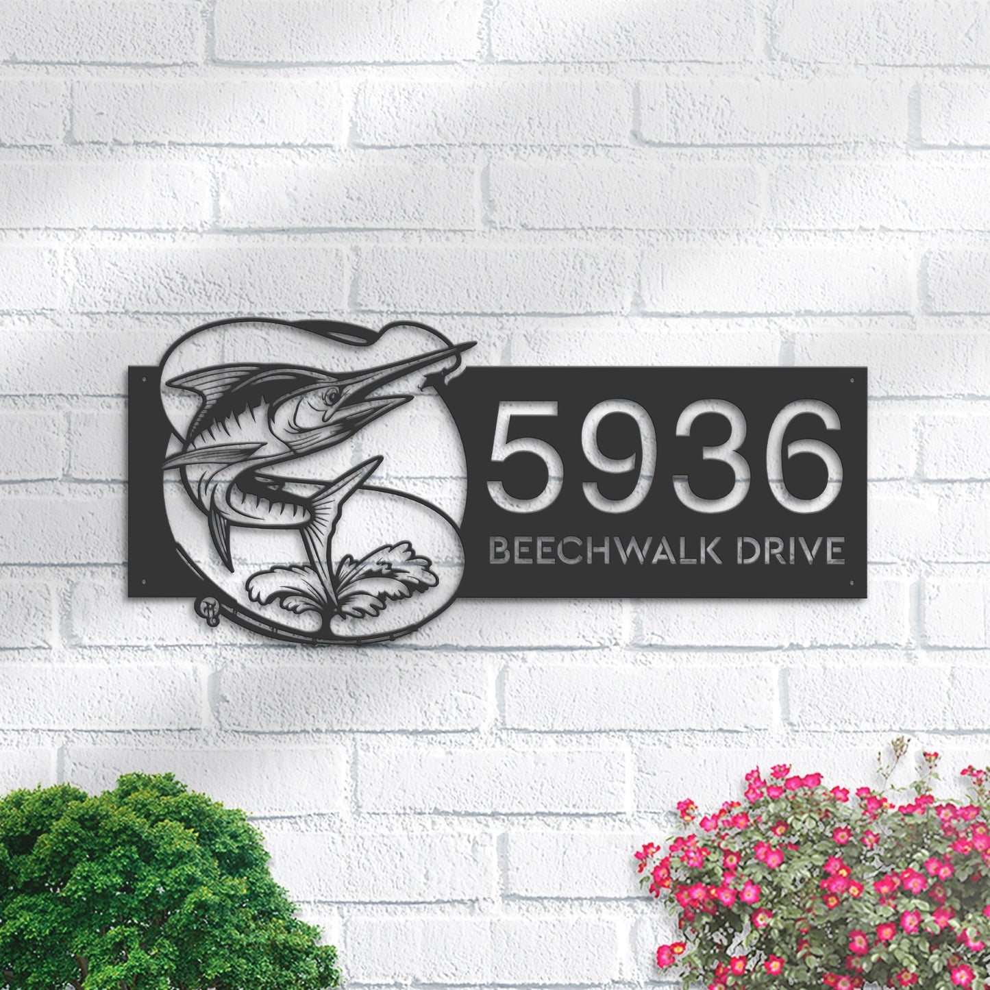 Personalized Marlin fishing rod bait hook Metal Address Sign House number Hanging Address Plaque Yard Sign Outdoor Sign Garden Stake