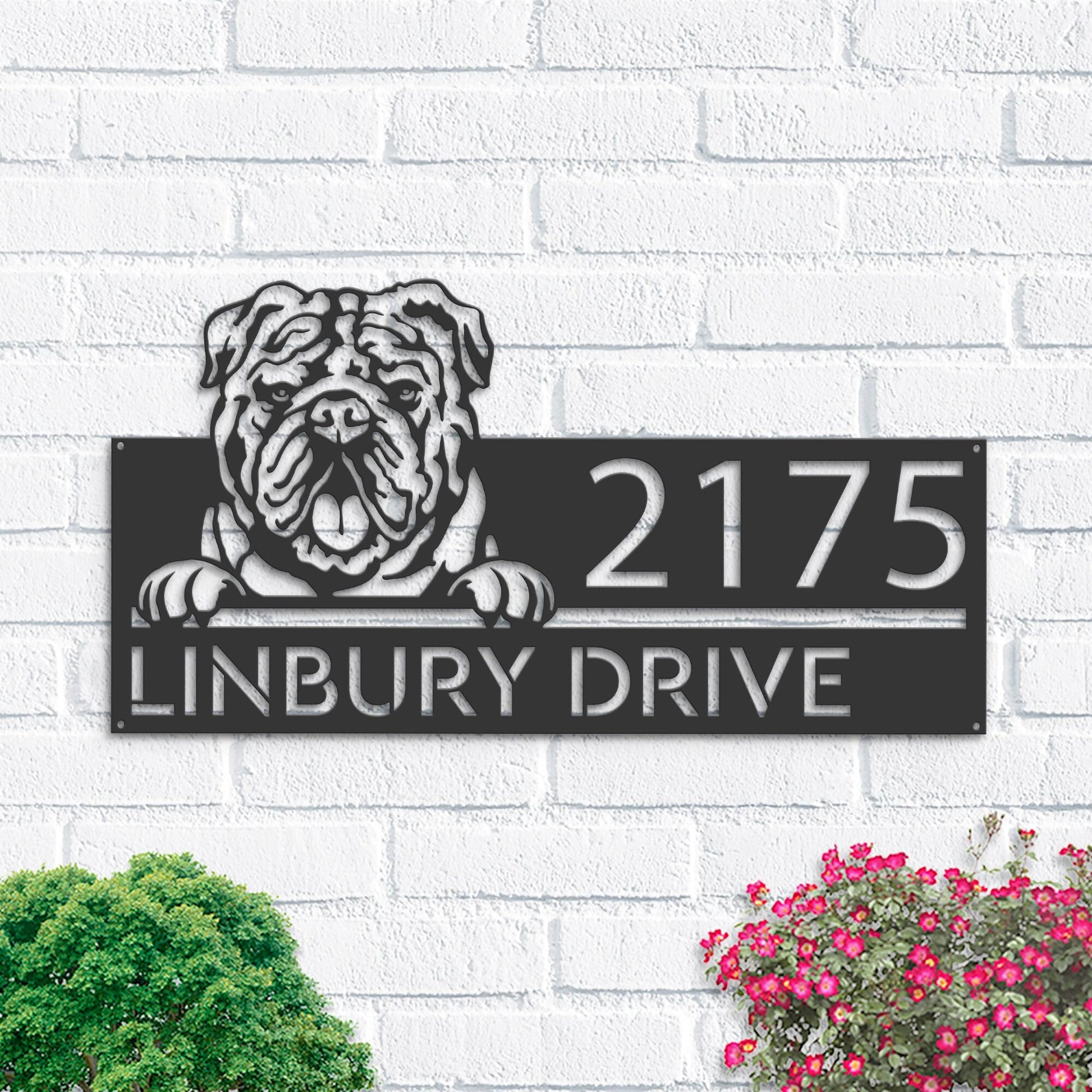 Personalized English Bulldog dog, Puppy Metal Address Sign House number Hanging Address Plaque Yard Sign Outdoor decor Garden Stake