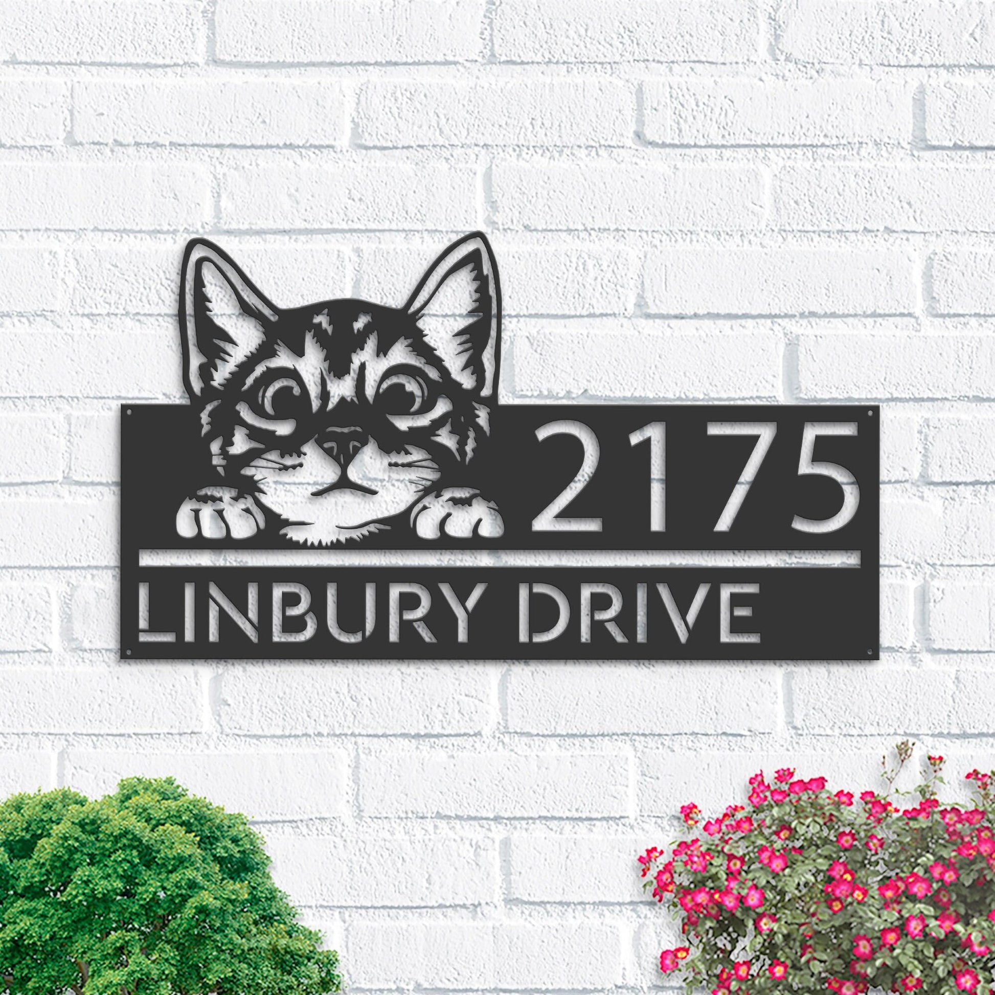 Personalized Cute peeking cat kitten pet Metal Address Sign House number Hanging Address Plaque Yard Sign Outdoor Sign Garden Stake