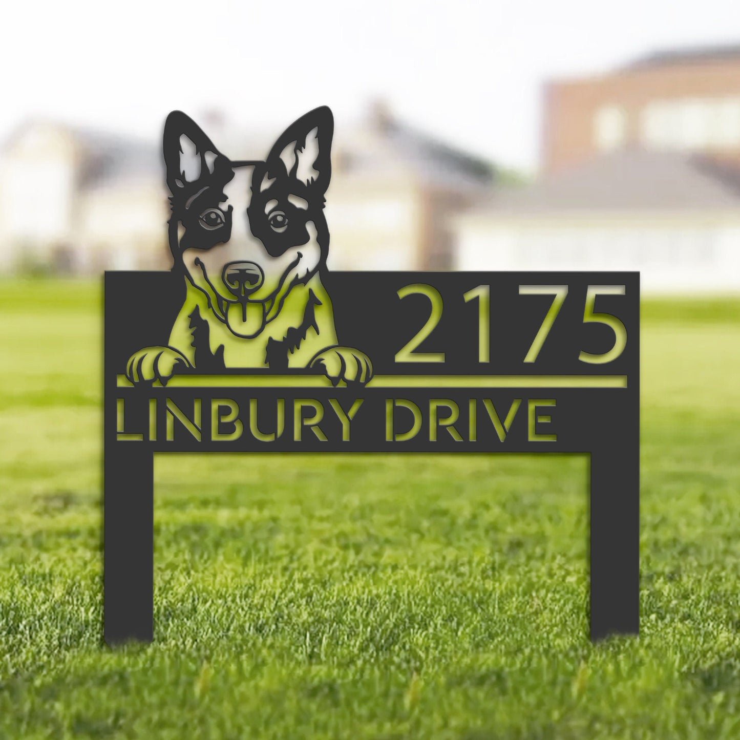 Personalized Blue heeler dog, cute puppy Metal Address Sign House number Hanging Address Plaque Yard Sign Outdoor decor Garden Stake