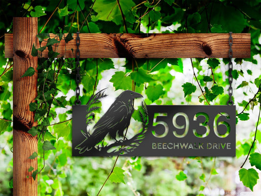 Personalized Crow Raven Metal Address Sign House Number, Hanging Address Plaque | Yard Sign, Outdoor Sign| Garden Stake