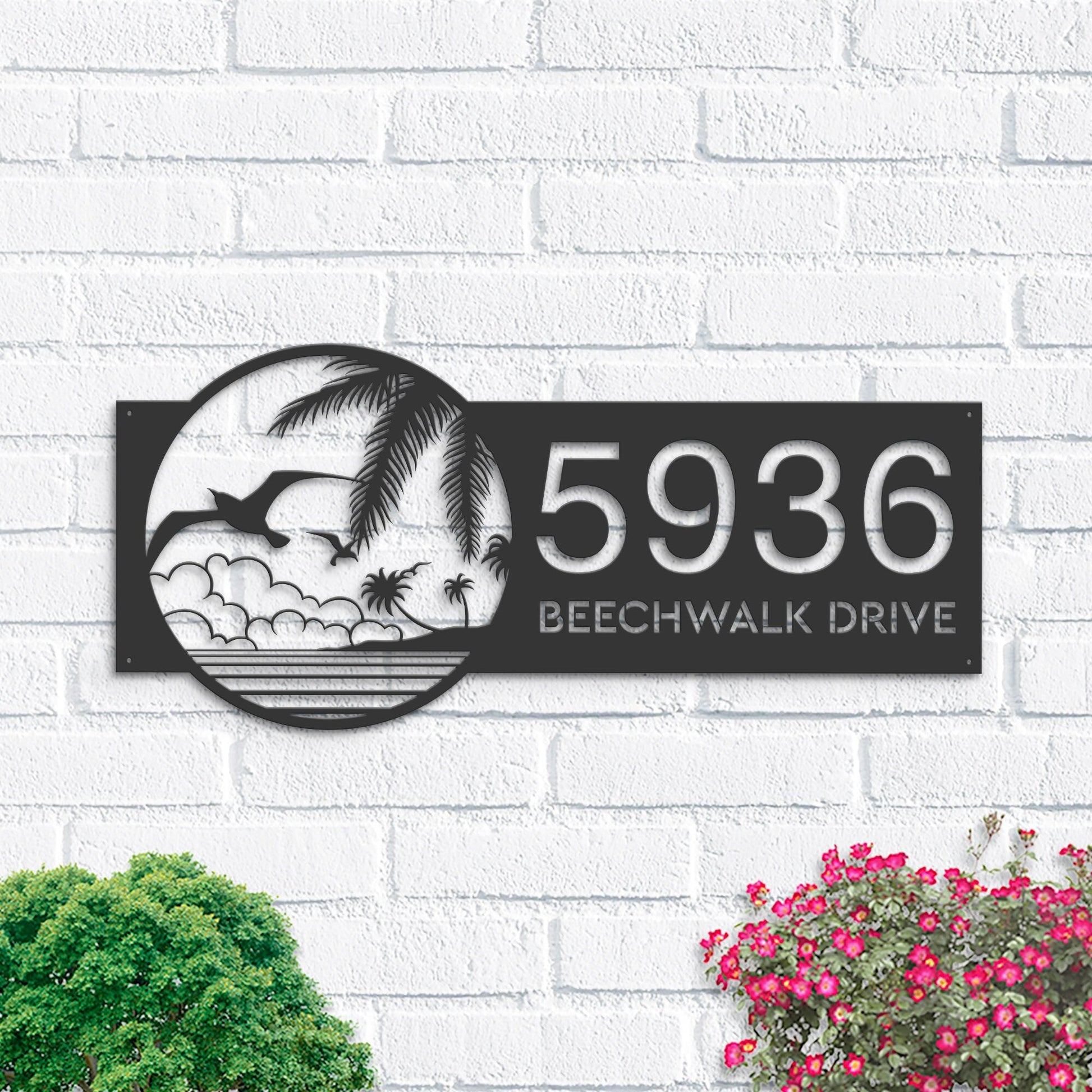 Personalized Birds island palm tree Metal Address Sign House number Hanging Address Plaque Yard Sign Outdoor Garden Stake