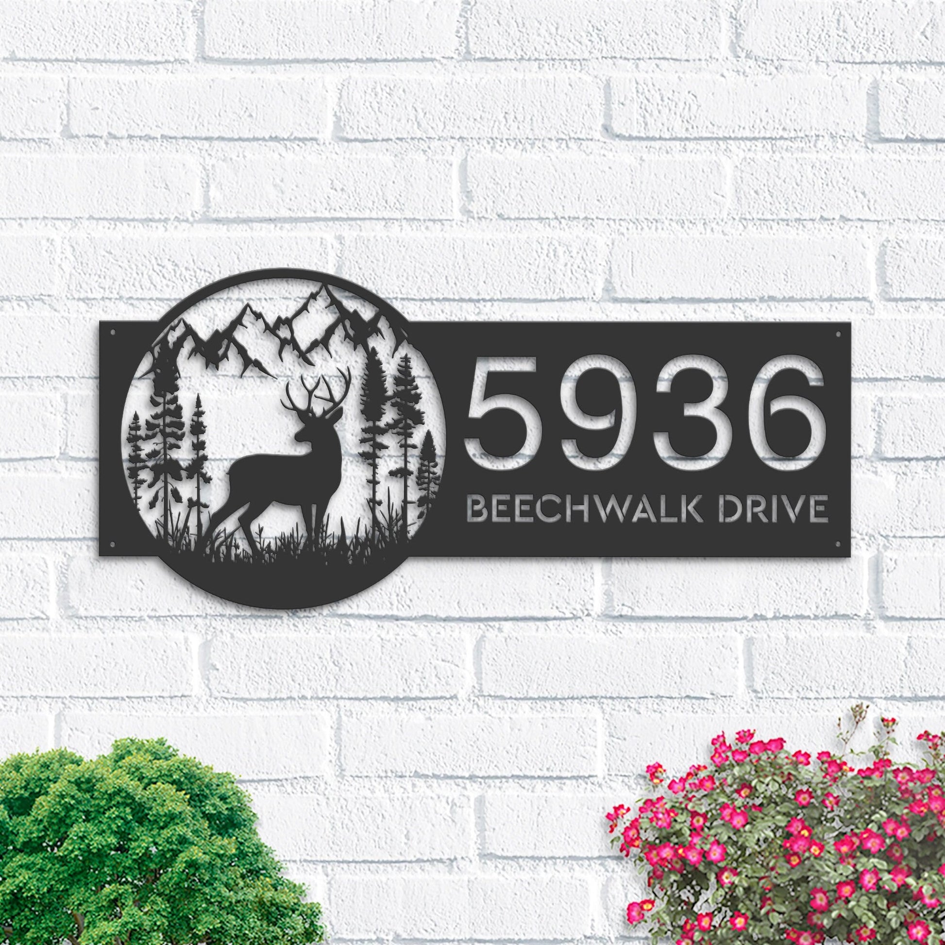 Personalized Deer forest scene wild life Metal Address Sign House Number, Hanging Address Plaque Yard Sign, Outdoor Sign Garden Stake