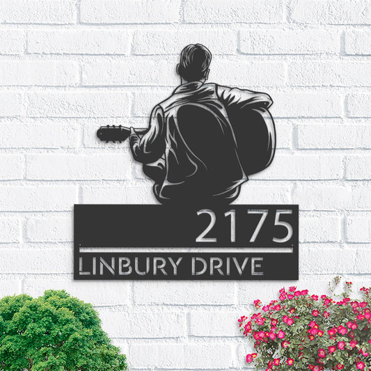 Personalized Man playing guitar guitarist Metal Address Sign House number Hanging Address Plaque Yard Sign Outdoor Sign Garden Stake