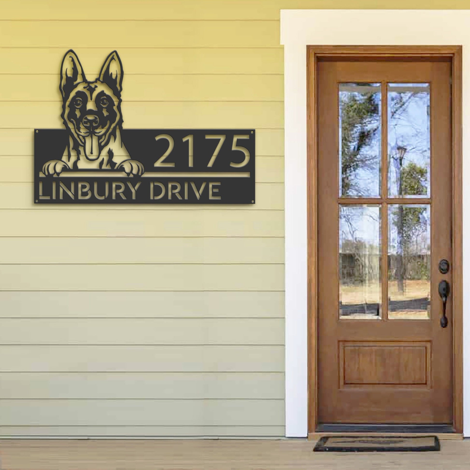 Personalized Belgian Malinois dog, cute puppy Metal Address Sign House number Hanging Address Plaque Yard Sign Outdoor decor Garden Stake