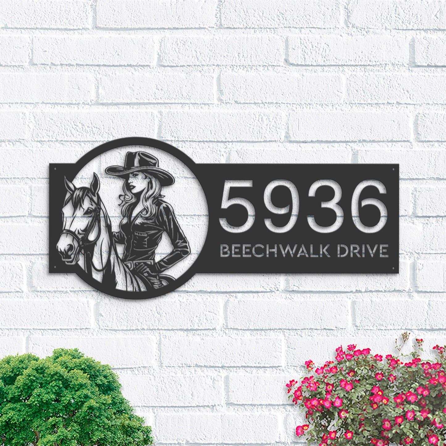 Personalized Cowgirl on Horse Metal Address Sign House number | Hanging Address Plaque | Yard Sign, Outdoor Sign | Garden Stake