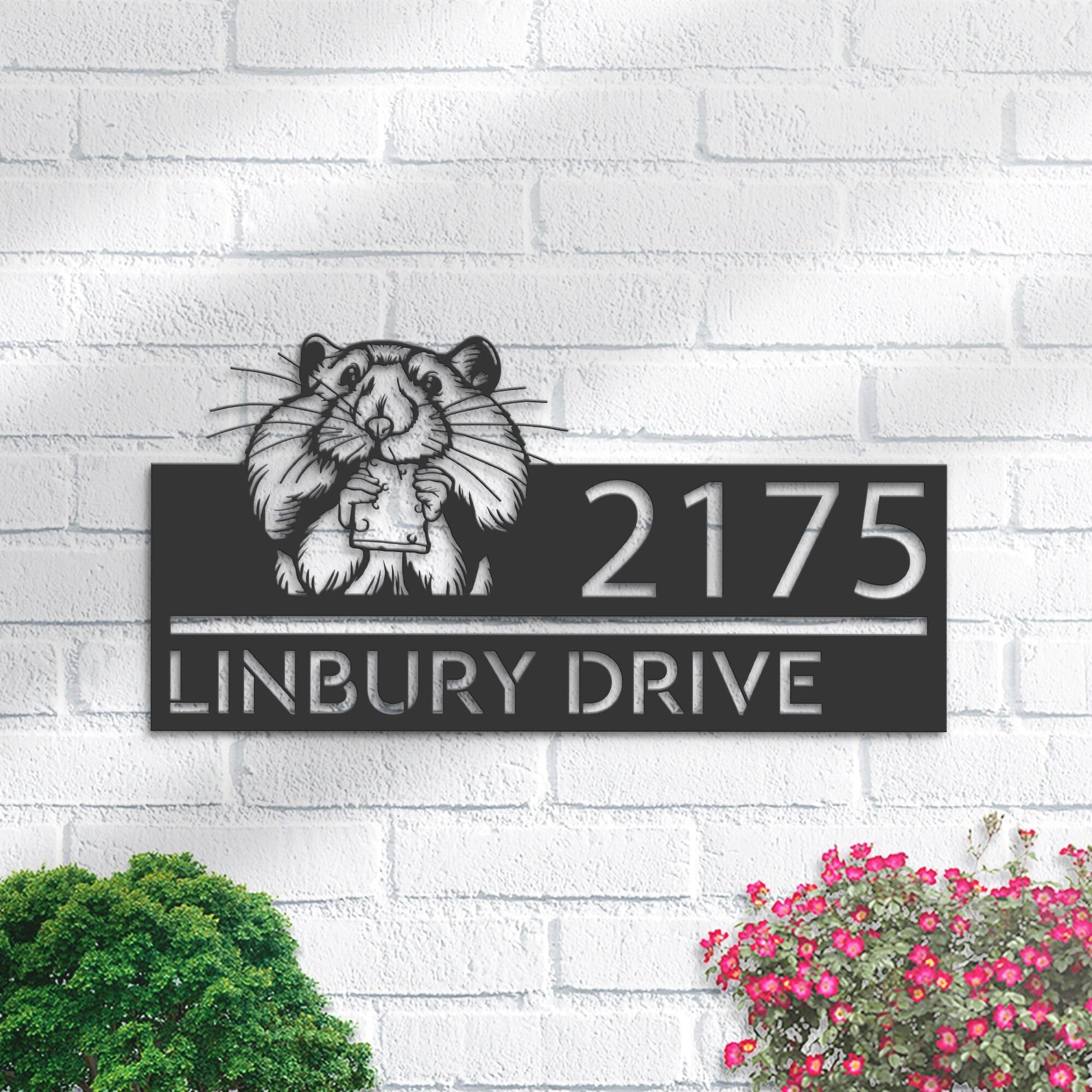 Personalized Peeking Hamster Metal Address Sign With LED lights House number Hanging Address Plaque Yard Sign Outdoor Garden Stake