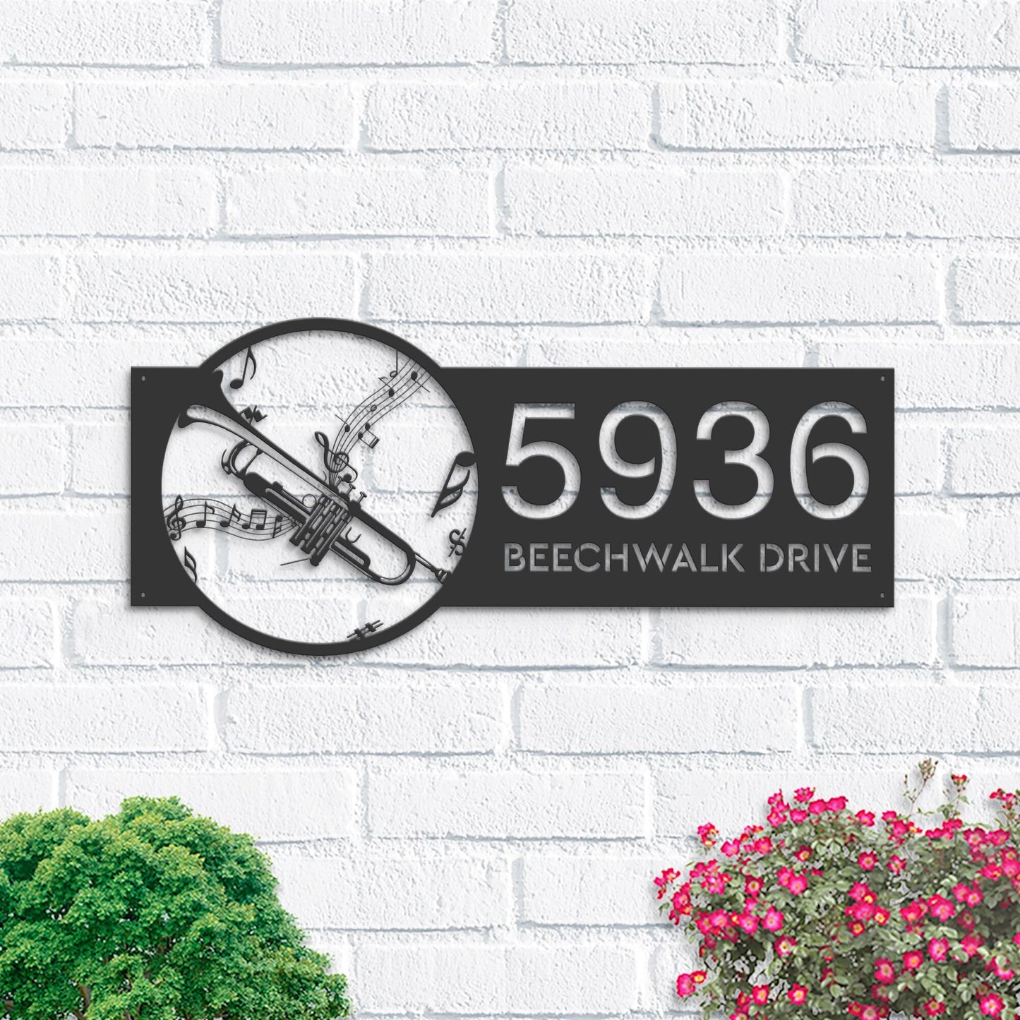 Personalized Trumpet musical instrument Metal Address Sign Custom House number Hanging Address Plaque Yard Sign, Outdoor Sign | Garden Stake