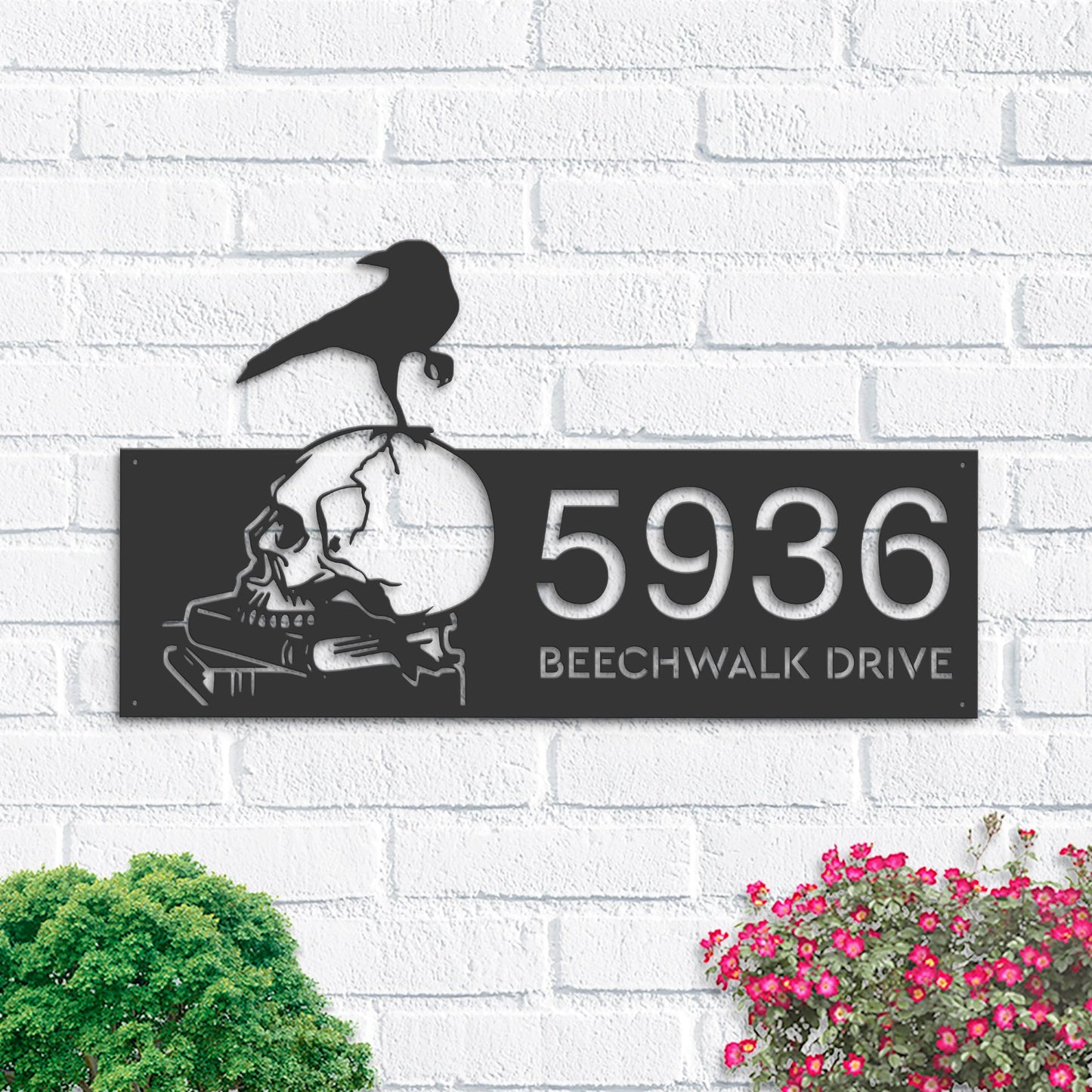 Personalized Raven on skull halloween Metal Address Sign House number Hanging Address Plaque Yard Sign Outdoor Sign Garden Stake