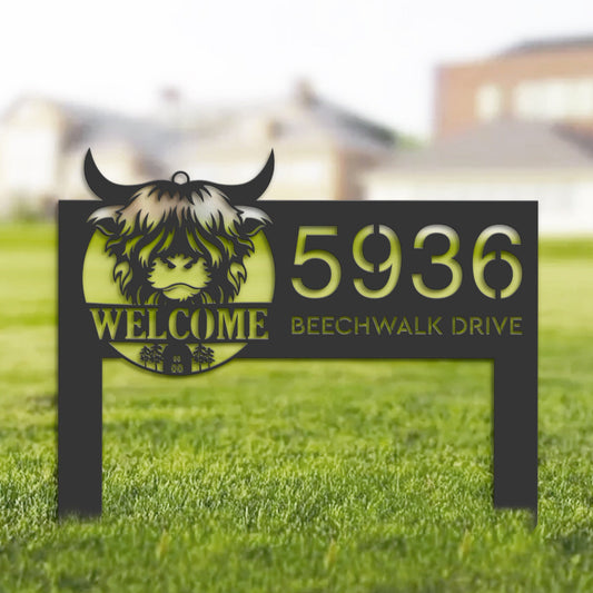 Personalized Cow heifer farmhouse farm animal ranch Metal Address Sign | Hanging Address Plaque | Yard Sign, Outdoor Sign | Garden Stake