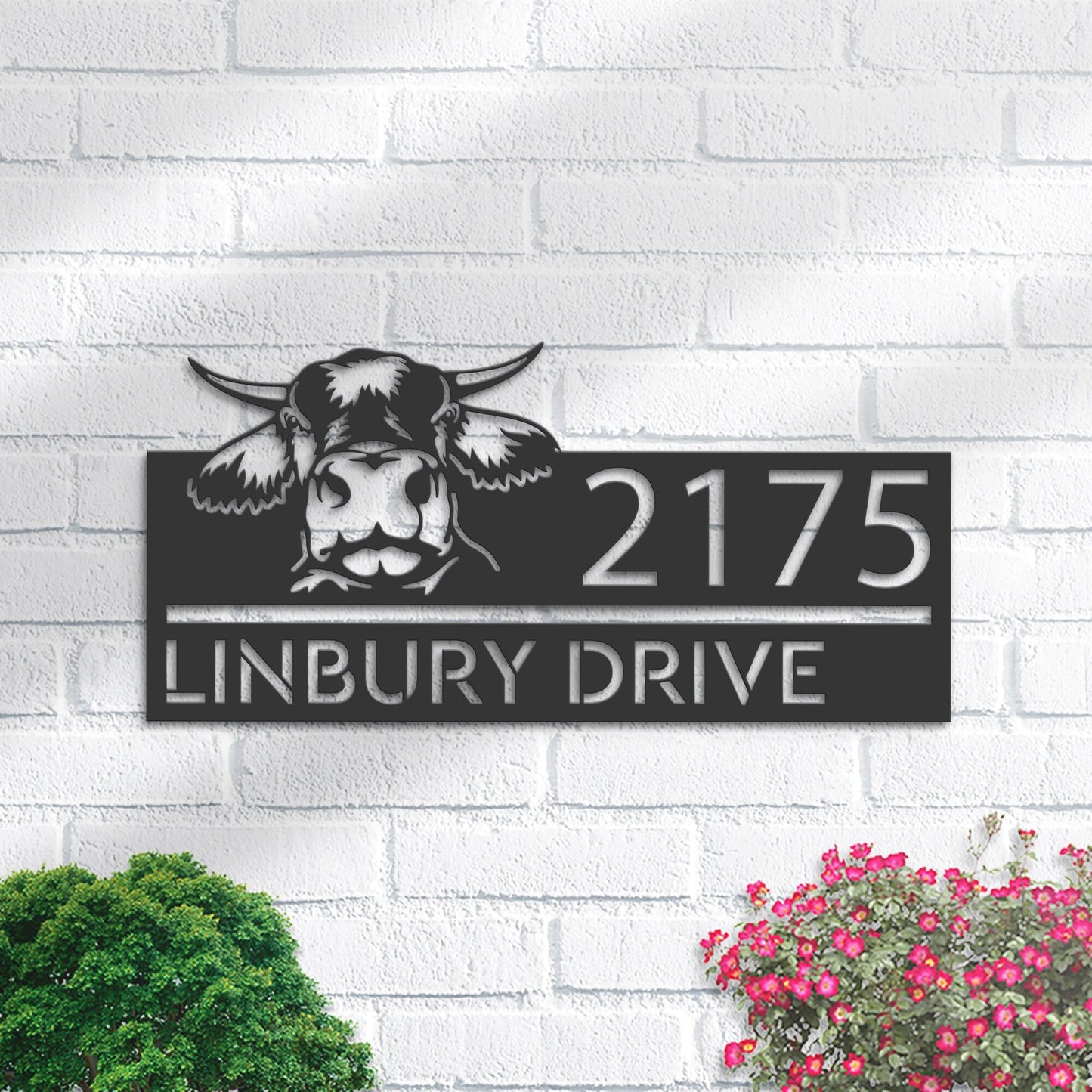 Personalized Peeking Cow Metal Address Sign With LED lights House number Hanging Address Plaque Yard Sign Outdoor Garden Stake