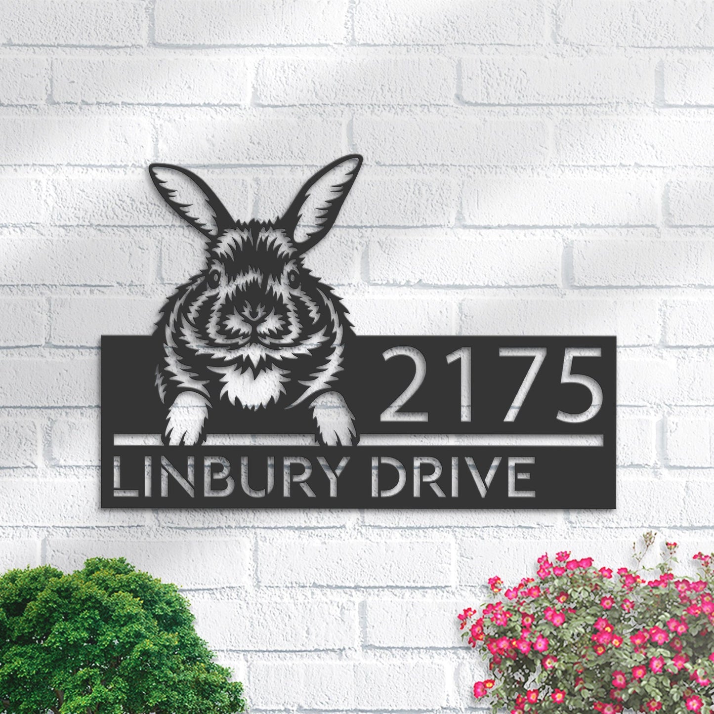 Personalized Peeking Rabbit Metal Address Sign With LED lights House number Hanging Address Plaque Yard Sign Outdoor Garden Stake