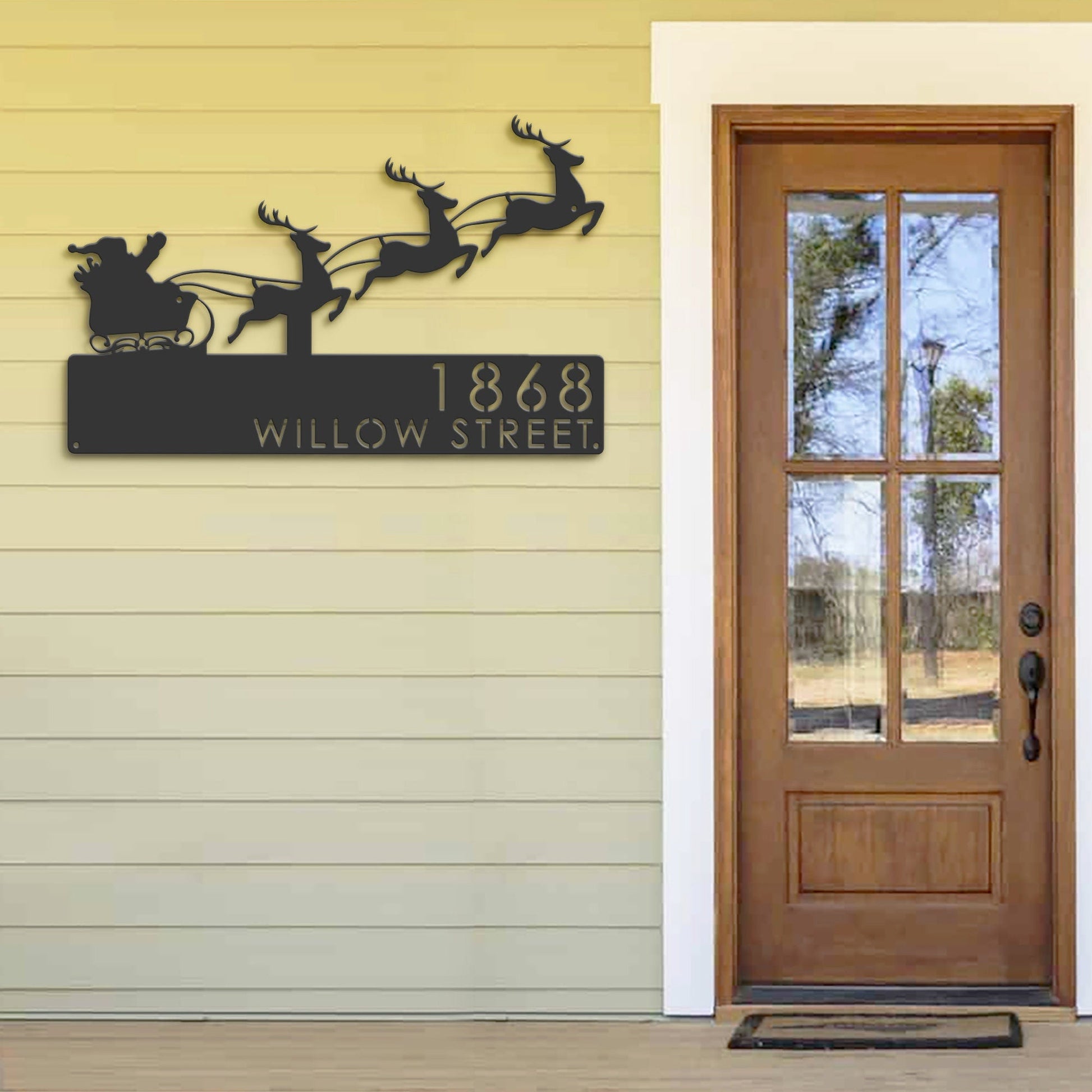 Personalized Santa claus Christmas, Reindeer sleigh Metal Address Sign | Hanging Address Plaque | Yard Sign, Outdoor Sign | Garden Stake