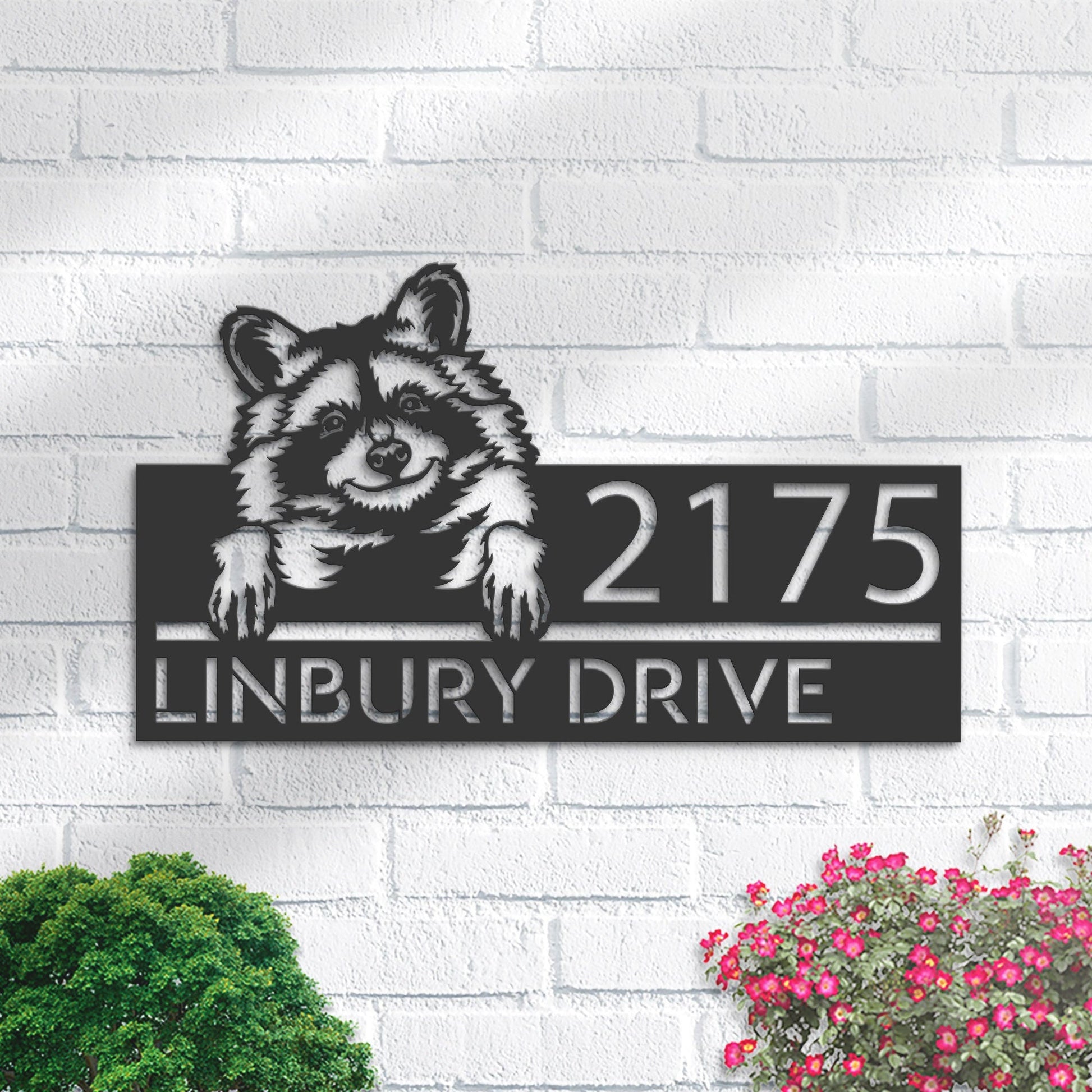 Personalized Peeking Raccoon Metal Address Sign With LED lights House number Hanging Address Plaque Yard Sign Outdoor Garden Stake