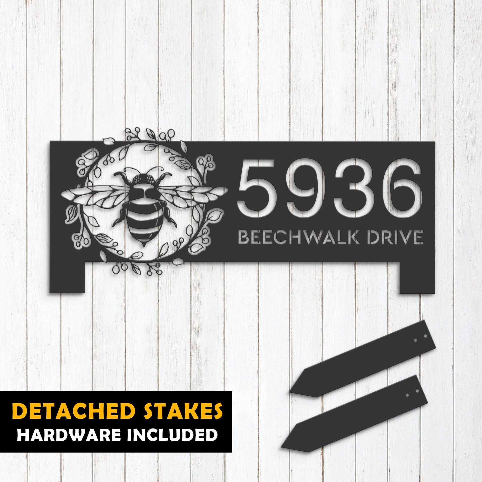 Personalized Bee Metal Address Sign House number | Hanging Address Plaque | Yard Sign, Outdoor Sign | Garden Stake