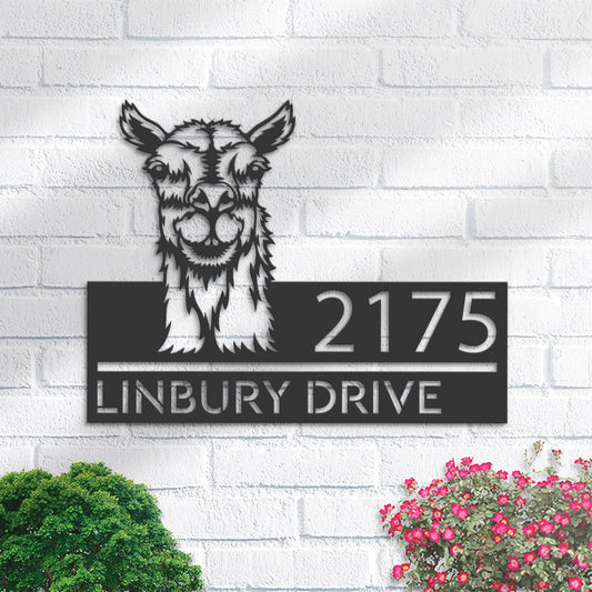 Personalized Peeking Llama Metal Address Sign With LED lights House number Hanging Address Plaque Yard Sign Outdoor Garden Stake