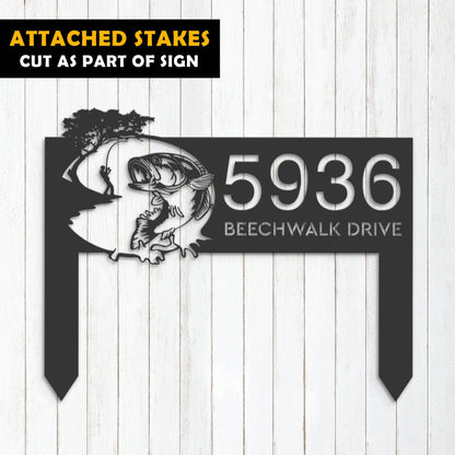 Personalized Bass fishing fisherman Metal Address Sign | Hanging Address Plaque | Yard Sign, Outdoor Sign | Garden Stake