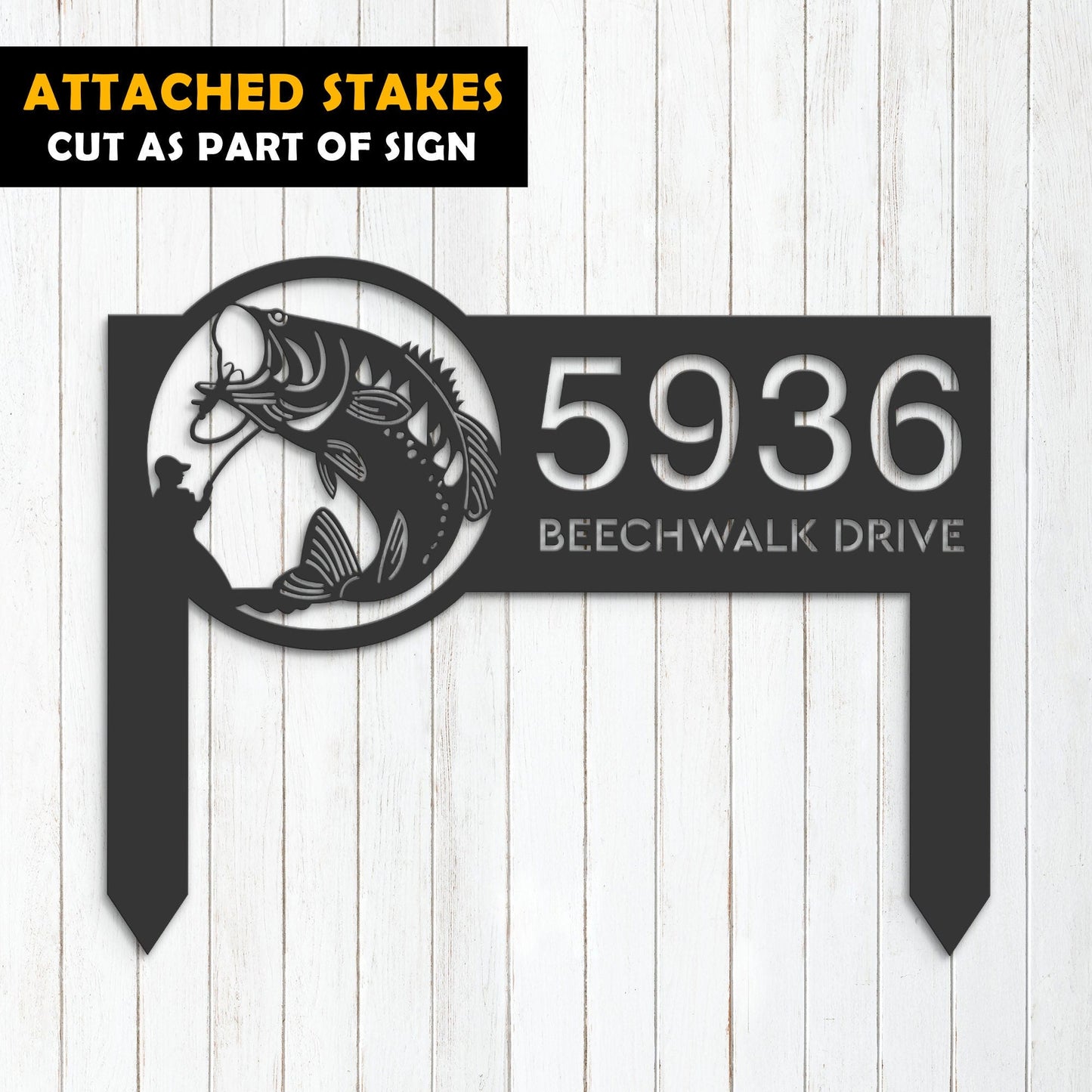 Personalized Bass fishing fisherman Metal Address Sign | Hanging Address Plaque | Yard Sign, Outdoor Sign | Garden Stake