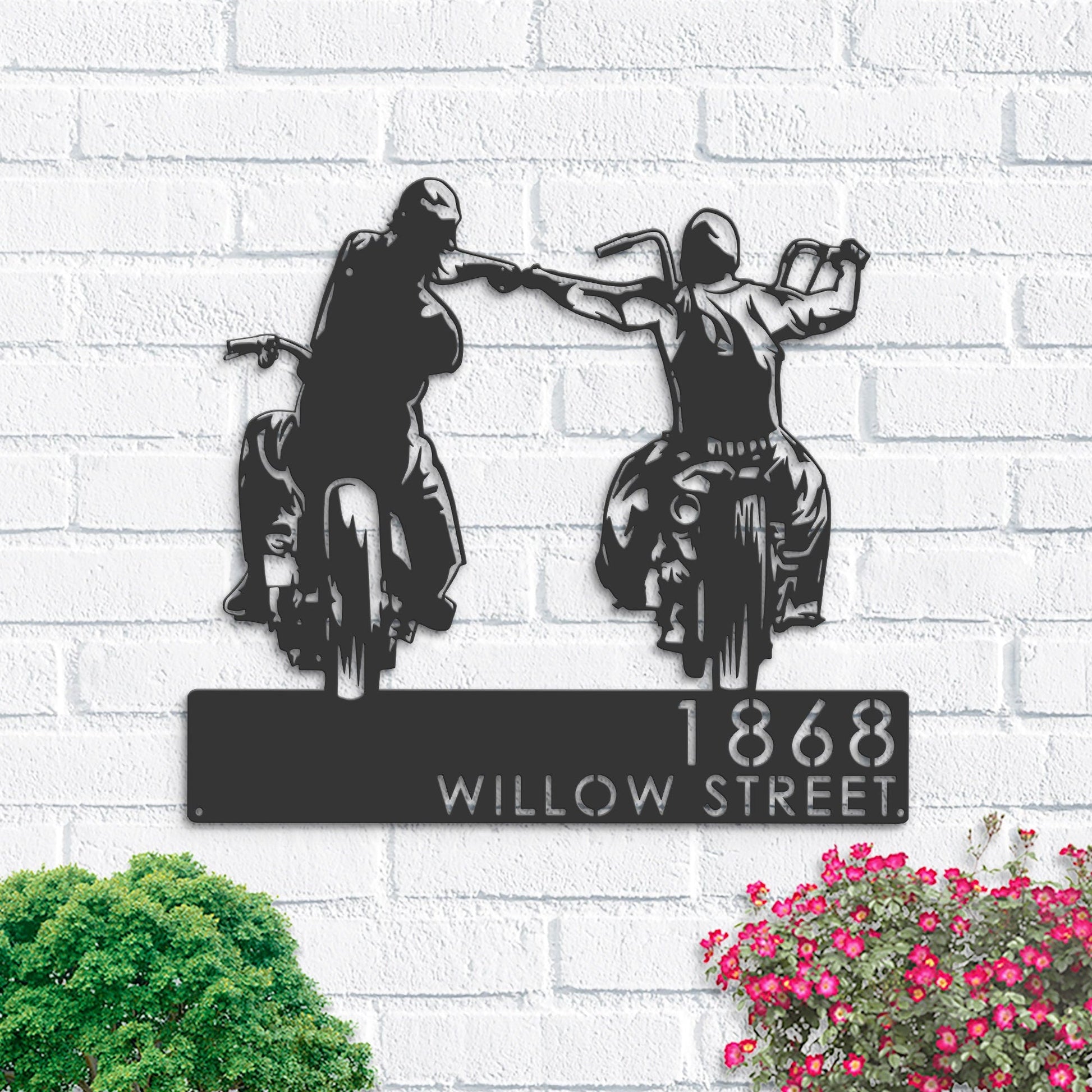 Personalized Biker brothers fist bump, Motocycle riders Metal Address Sign | Hanging Address Plaque | Yard Sign, Outdoor Sign | Garden Stake