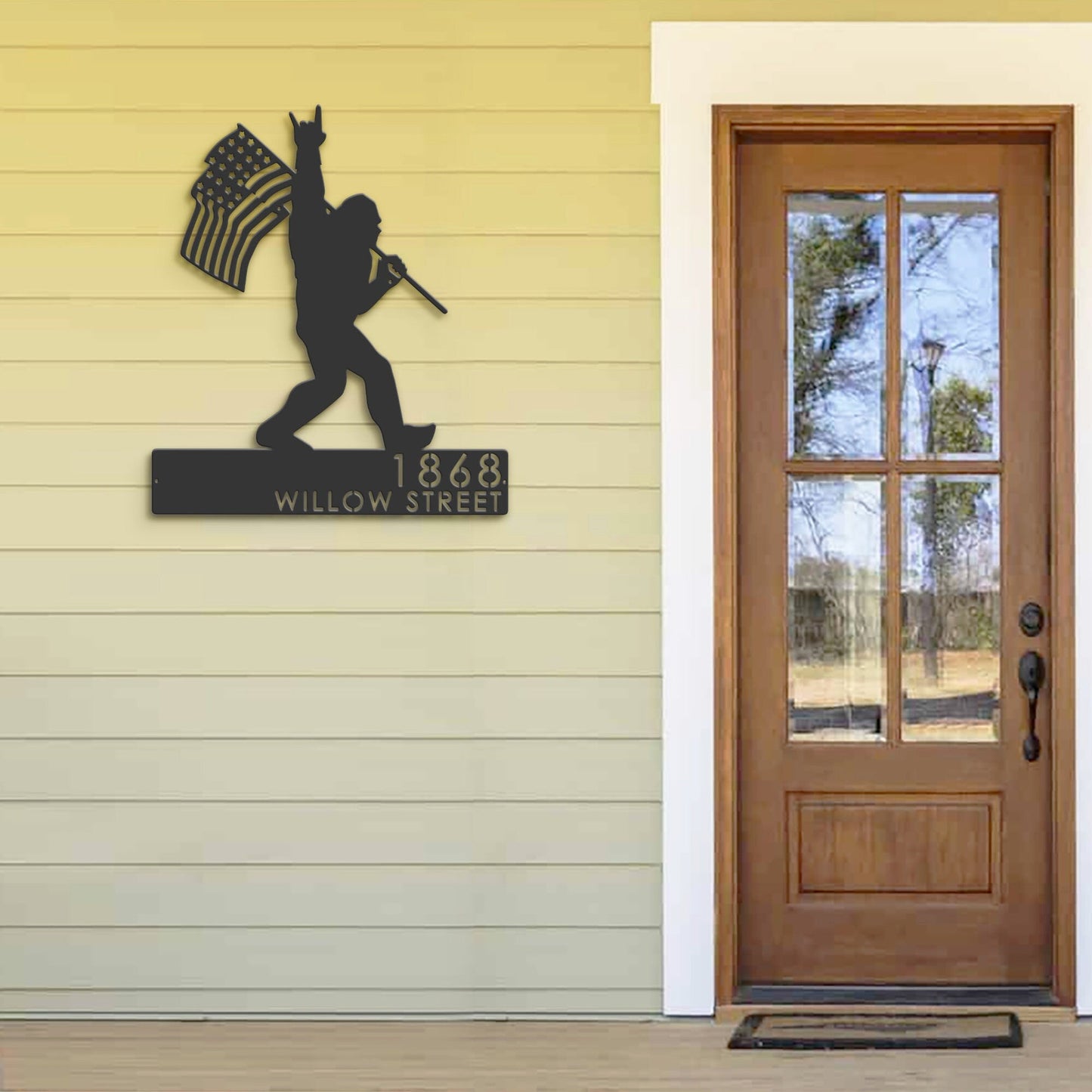 Personalized Bigfoot Sasquatch With US Flag Metal Address Sign | Custom Hanging Address Plaque | Yard Sign, Outdoor Sign | Garden Stake