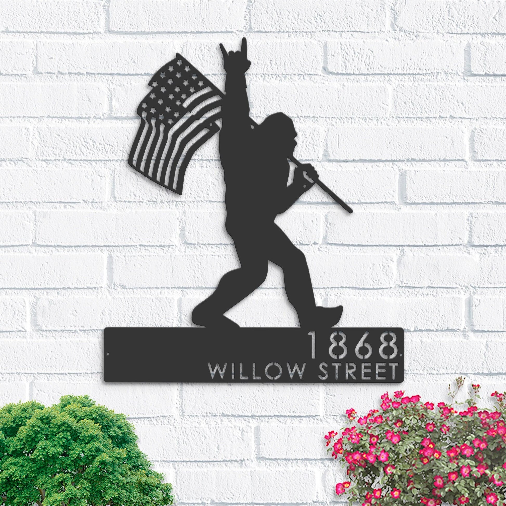 Personalized Bigfoot Sasquatch With US Flag Metal Address Sign | Custom Hanging Address Plaque | Yard Sign, Outdoor Sign | Garden Stake