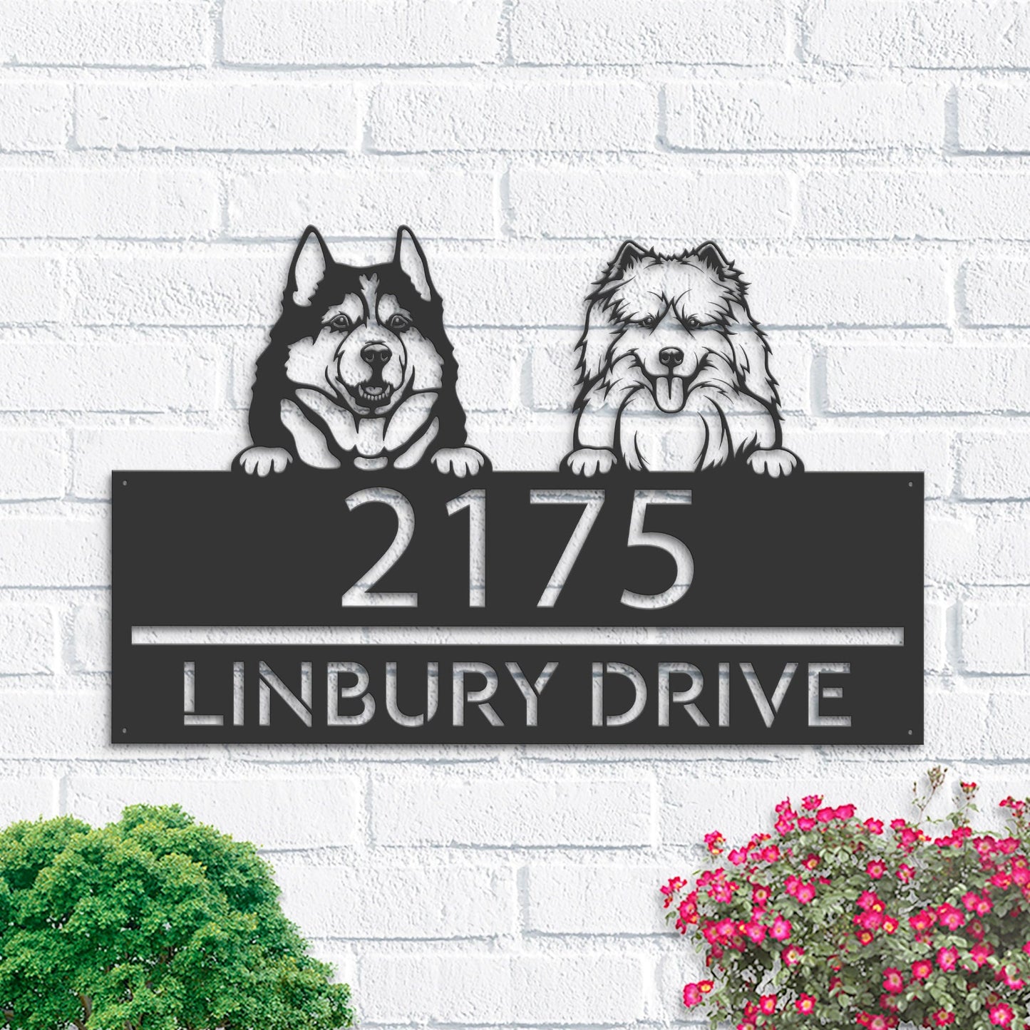 Personalized Husky and samoyed dog, Puppy Metal Address Sign House number Hanging Address Plaque Yard Sign Outdoor decor Garden Stake