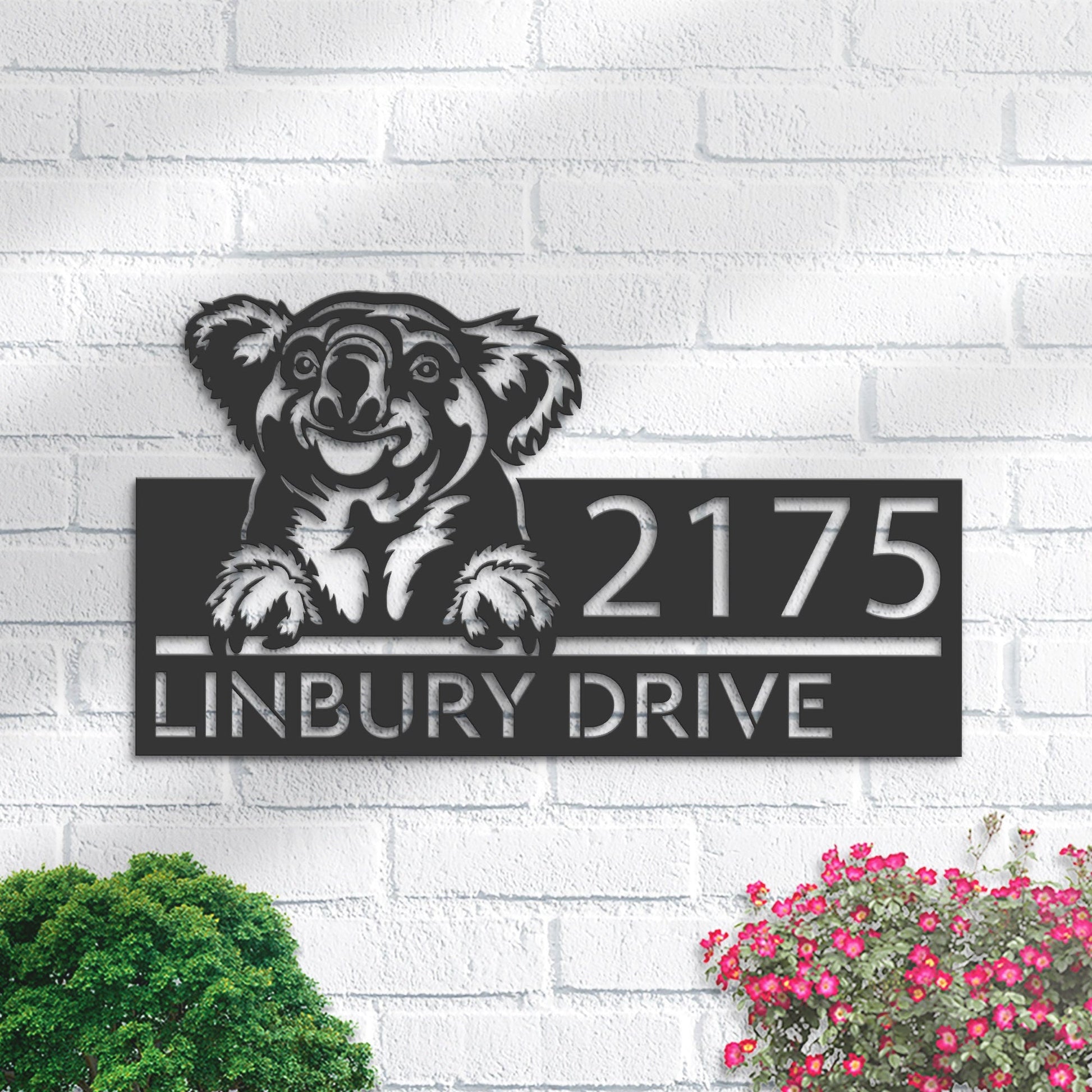 Personalized Peeking Koala Metal Address Sign With LED lights House number Hanging Address Plaque Yard Sign Outdoor Garden Stake