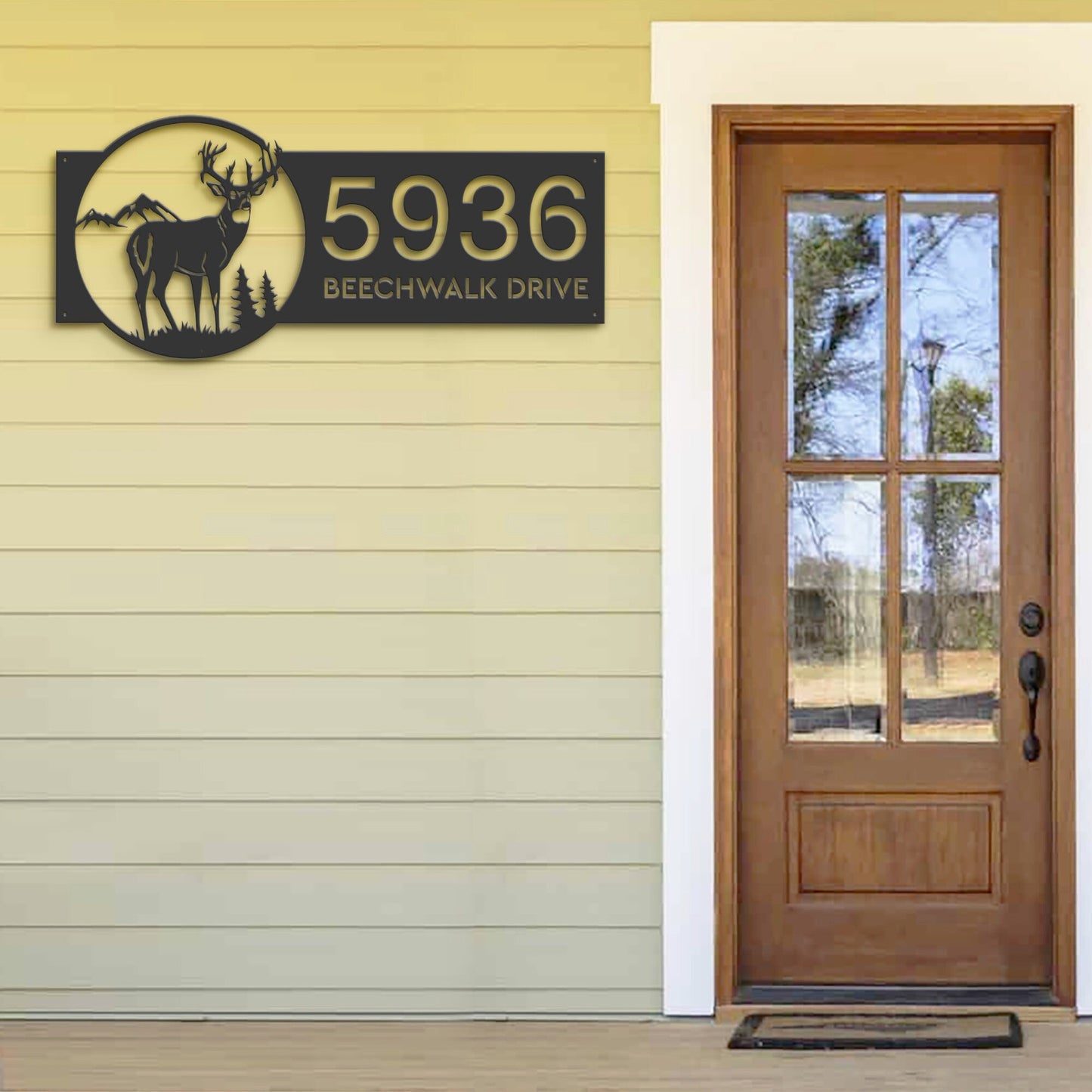 Personalized Deer buck mountain scene Metal Address Sign House number | Hanging Address Plaque | Yard Sign, Outdoor Sign | Garden Stake