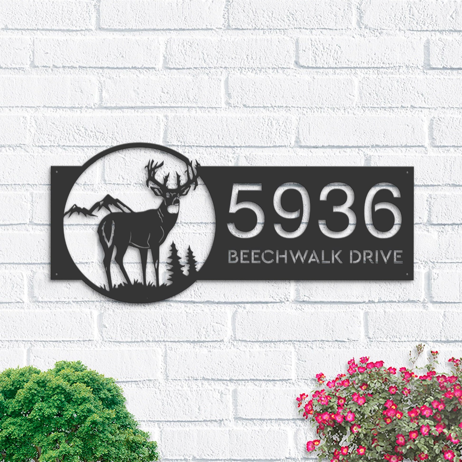 Personalized Deer buck mountain scene Metal Address Sign House number | Hanging Address Plaque | Yard Sign, Outdoor Sign | Garden Stake