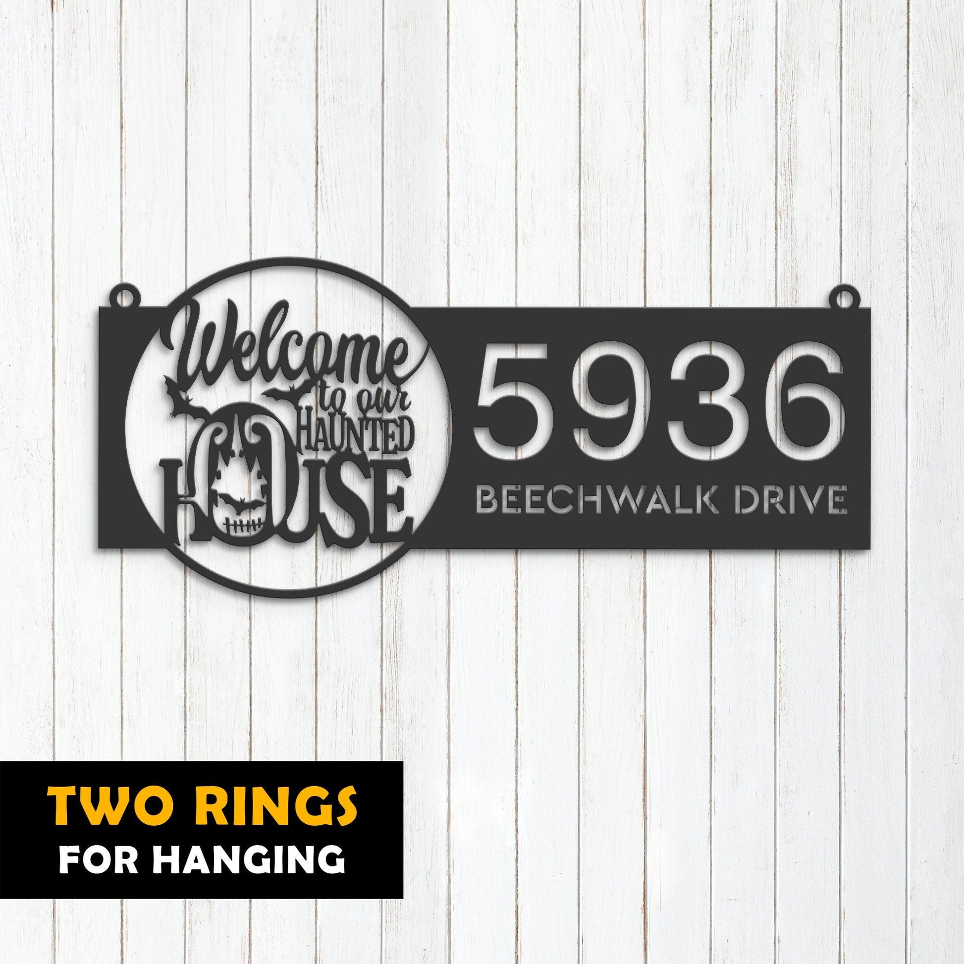 Personalized Welcome to our haunted house Halloween Metal Address Sign House number Hanging Address Plaque Yard Outdoor Sign Garden Stake