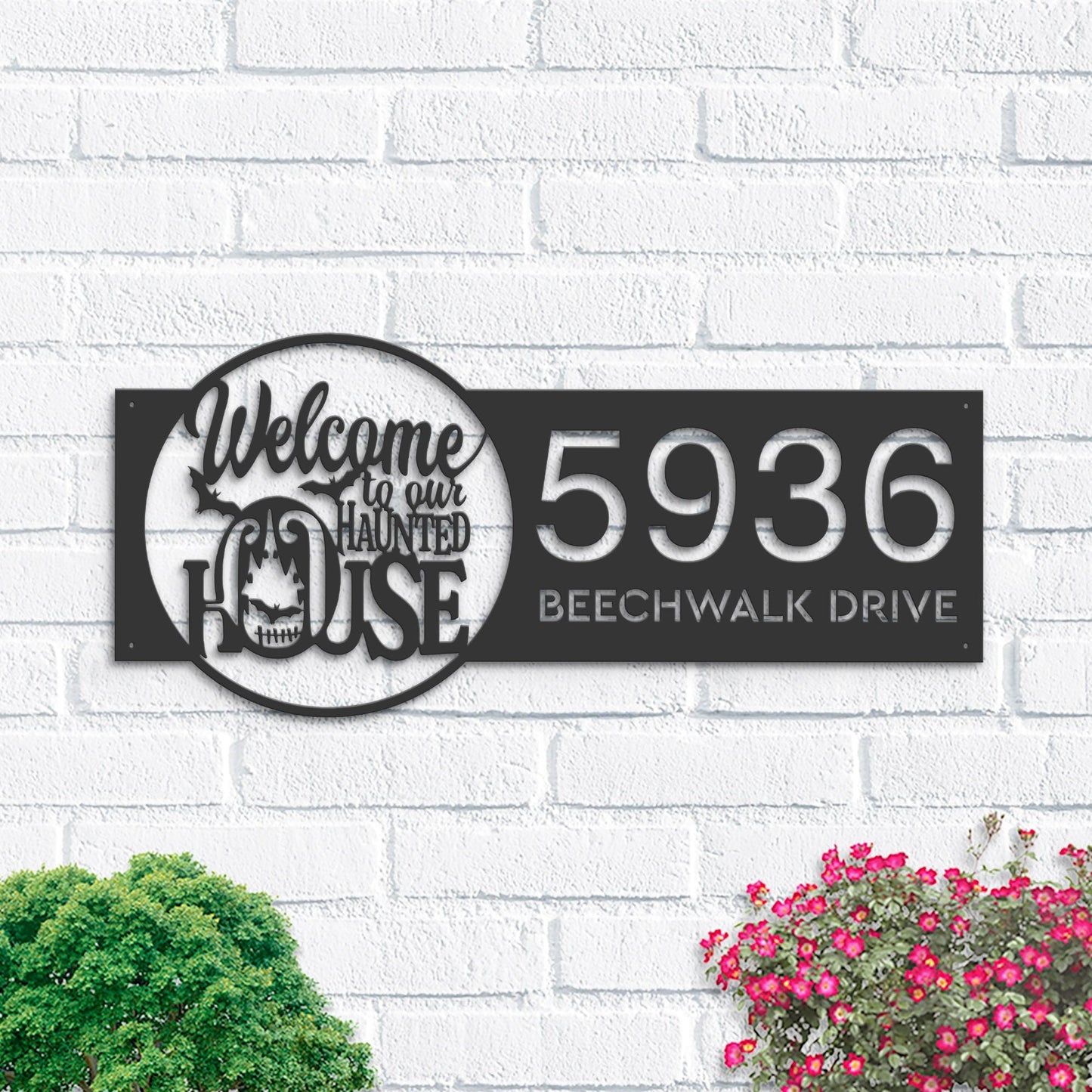 Personalized Welcome to our haunted house Halloween Metal Address Sign House number Hanging Address Plaque Yard Outdoor Sign Garden Stake