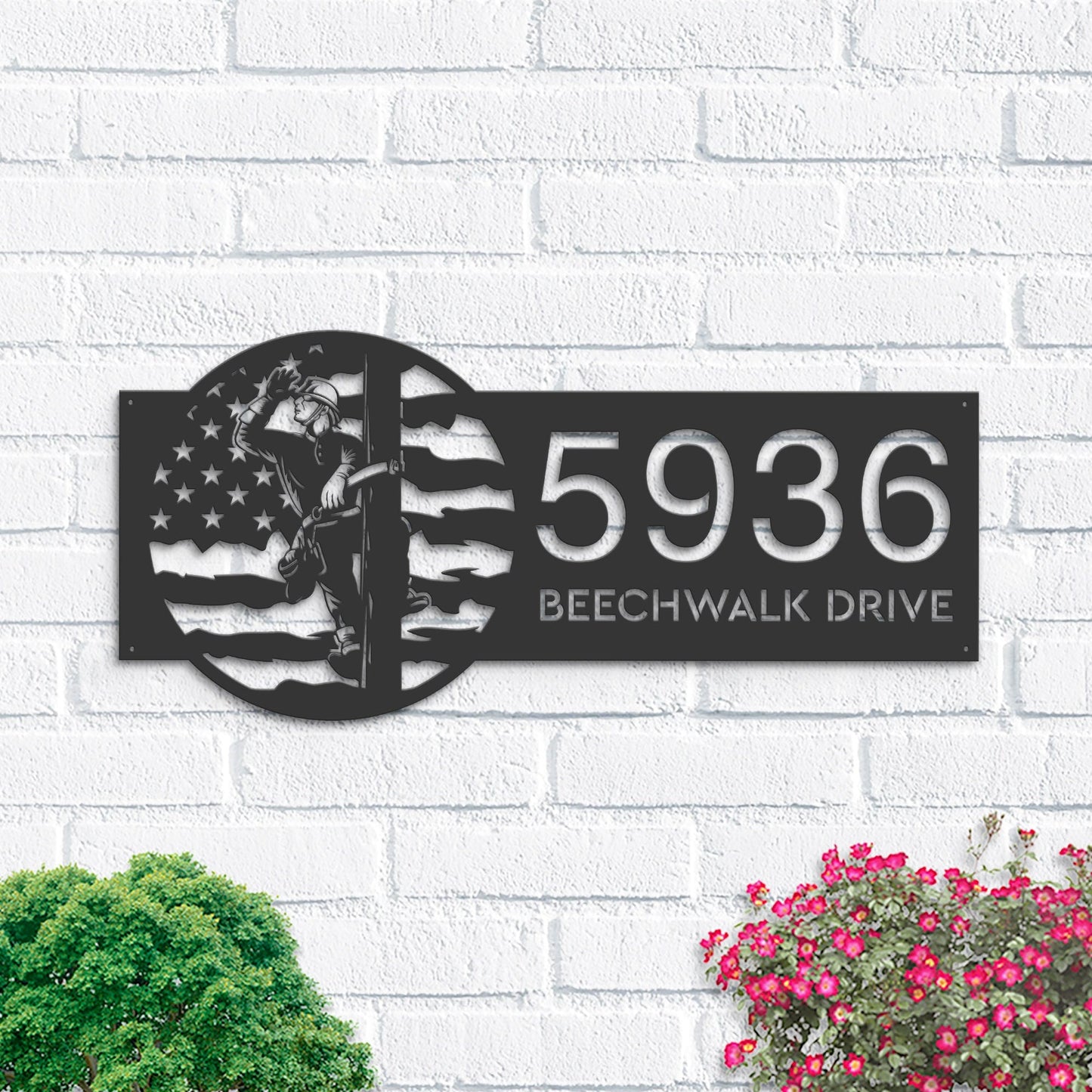 Personalized Lineman on a pole US flag Metal Address Sign House number Hanging Address Plaque Yard Sign Outdoor Sign Garden Stake