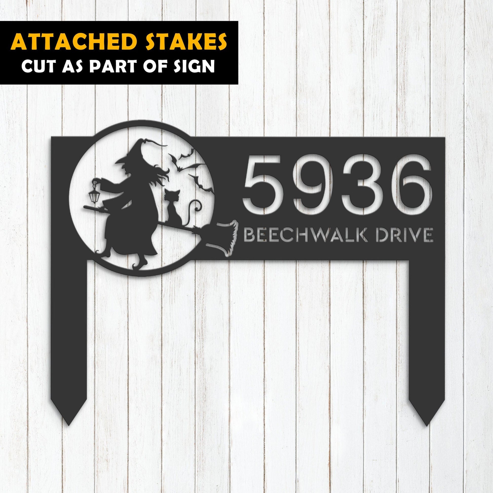 Personalized Witch and black cat flying Halloween Metal Address Sign House number Hanging Address Plaque Yard Sign Outdoor Sign Garden Stake