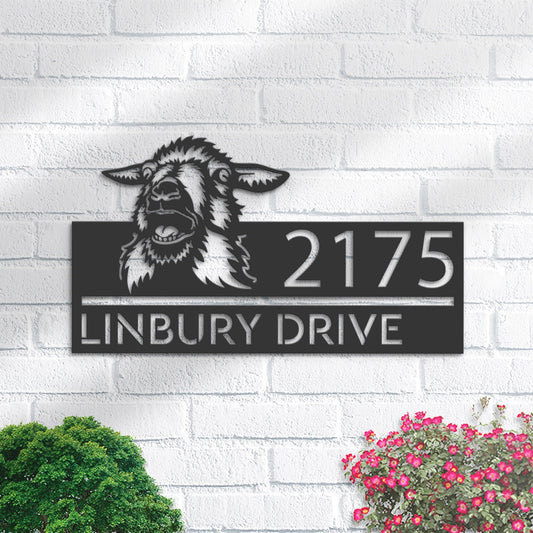 Personalized Peeking Goat Metal Address Sign With LED lights House number Hanging Address Plaque Yard Sign Outdoor Garden Stake