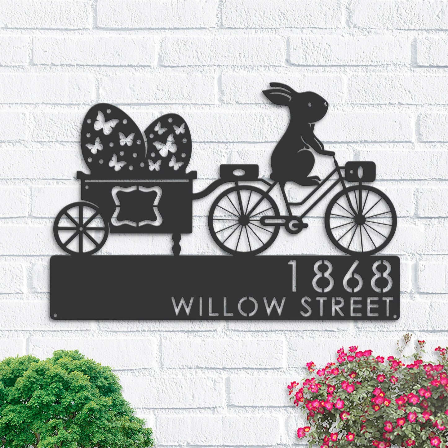 Personalized Bunny Easter Eggs trailer, rabbit Metal Address Sign | Hanging Address Plaque | Yard Sign, Outdoor Sign | Garden Stake