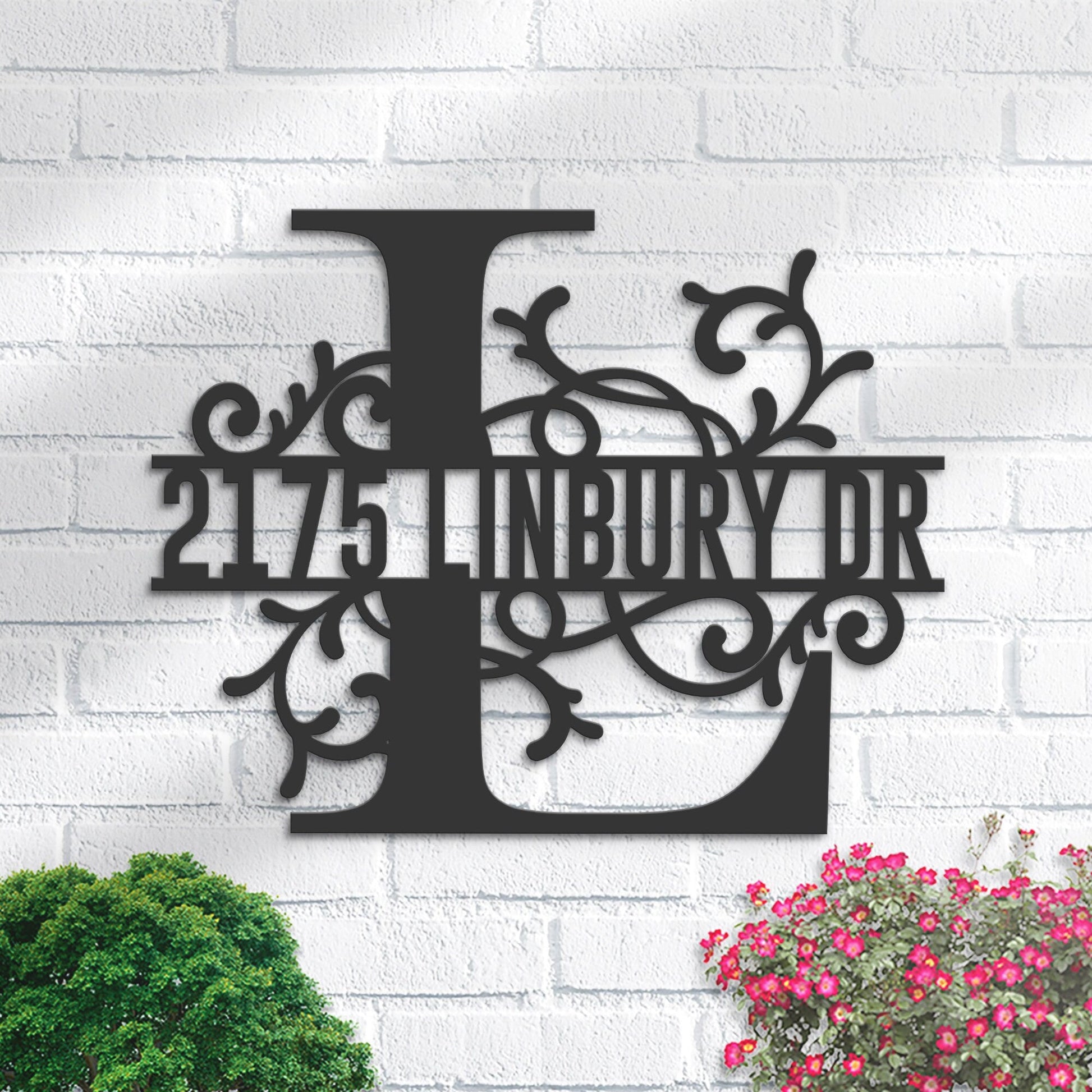 Personalized Floral Monogram Split Letter L Metal Address Sign House number Hanging Address Plaque Yard Sign Outdoor decor Garden Stake