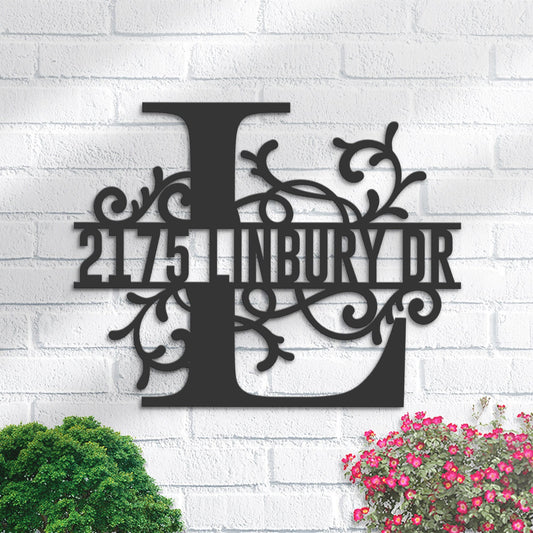 Personalized Floral Monogram Split Letter L Metal Address Sign House number Hanging Address Plaque Yard Sign Outdoor decor Garden Stake